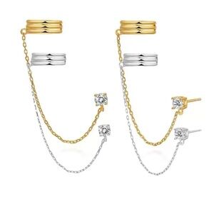CZ Stud and Cuff Chain Earrings Stainless Steel